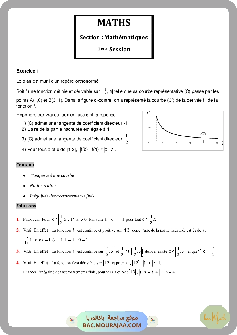 Corrigé principale math Bac 2012 – Section math